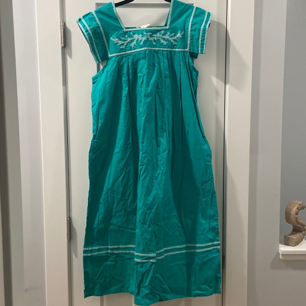 Vintage deep teal and white checkered midi dress chandni brand size medium EUC